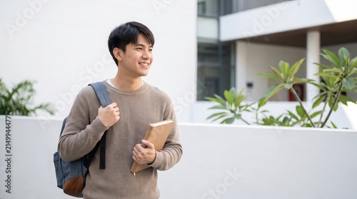 Optimistic young Asian male student with a backpack and book, smiling as he walks on a modern university campus, embodying readiness for learning and a bright academic future