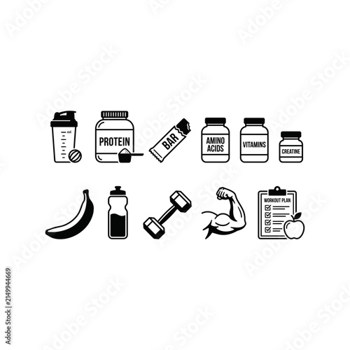 A monochrome collection of vector icons depicting bodybuilding supplements workout equipment healthy food and fitness planning tools