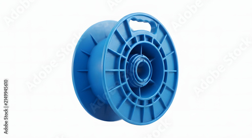 Empty blue plastic cable reel with built-in carrying handle isolated on white background, professional 3D rendering of heavy-duty extension cord spool.