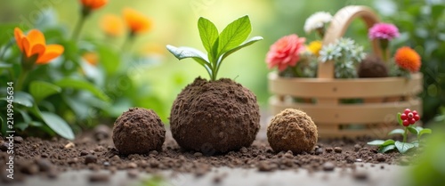 Organic seed balls with young plant in garden surrounded by flowers  