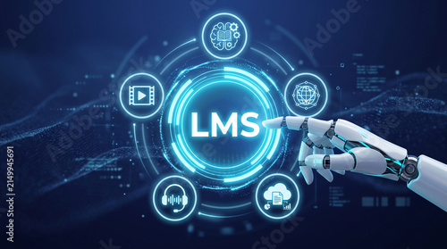 Robot hand interacts with digital interface showing LMS icons for learning, media, global connection, and data, symbolizing digital education and management.