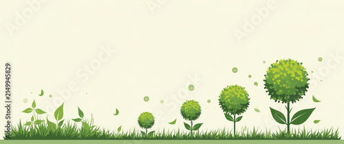Green trees and bushes growing on grass with light background  