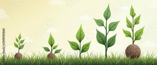 Seedlings growing at different heights in lush green grass  