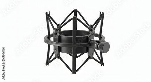 Professional black studio microphone shock mount isolated on a clean white background, 3D rendering of elastic suspension spider mount for recording gear.