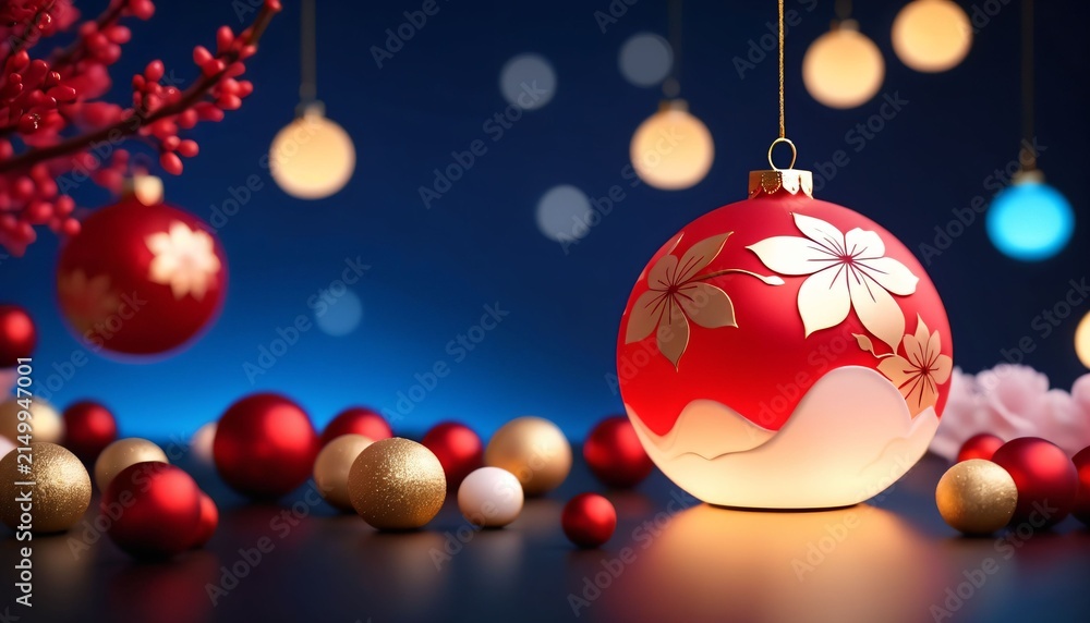Fototapeta premium Japanese red ornament with blossoms on blue background