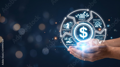 Digital concept of business growth, strategy, investment, and innovation displayed on a circular diagram held in hands, symbolizing financial progress.