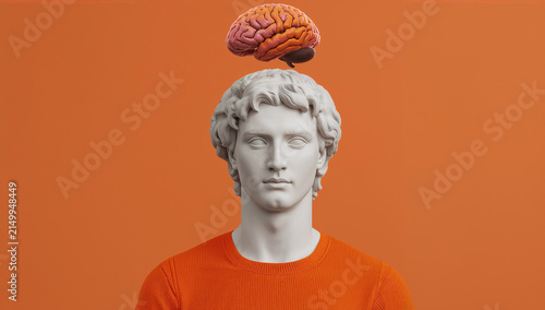 Surreal sculpture of a man with a brain floating above his head