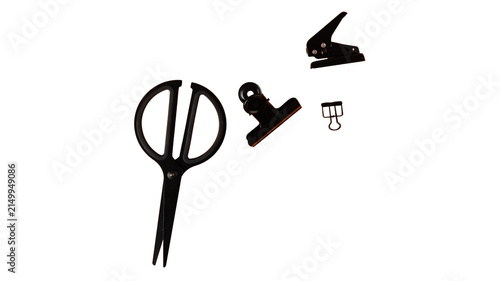 Obraz na plátne Office supply set including scissors and clips on white background with supplies
