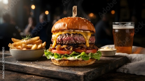 Gourmet beef burger with melted cheese and fresh vegetables served with golden fries fast food junk food burger joint cheeseburger hamburger restaurant