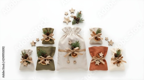 Eco-Friendly Fabric Christmas Gift Bags Decorated with Dried Orange Slices, Pinecones, and Wooden Stars