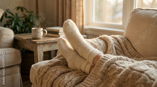 Warm socks and a soft blanket create a cozy atmosphere for indoor relaxation by a sunlit window