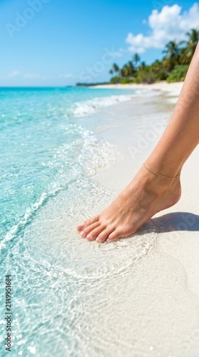 Woman walking barefoot on a peaceful tropical beach with clear blue water and soft white sand under a bright sunny sky