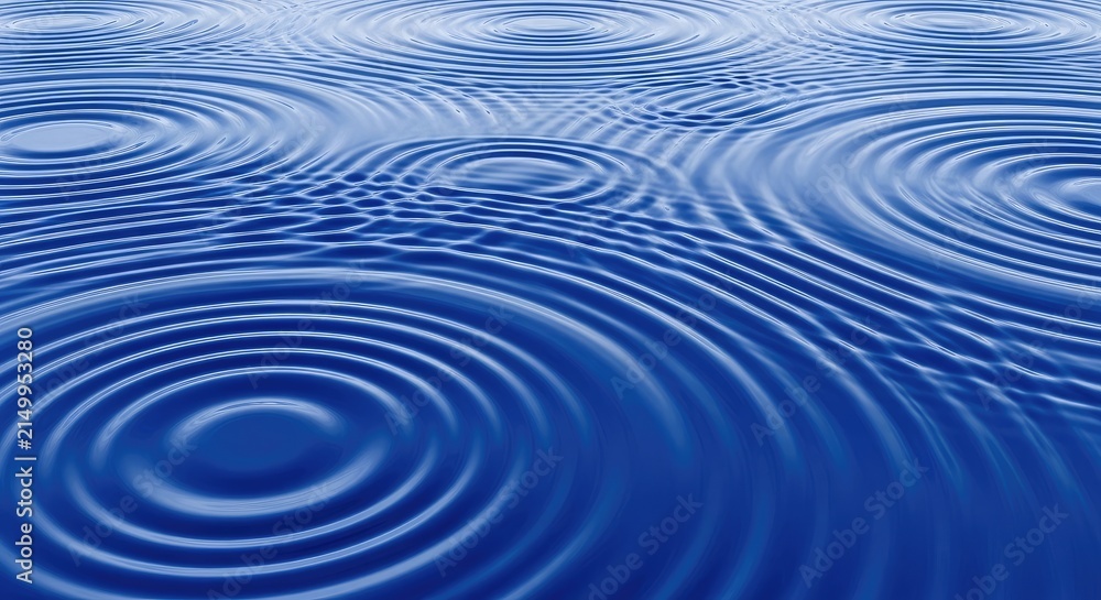 Fototapeta premium Blue water ripples spread across a dark surface. Circular wave patterns radiate outwards from several points, creating a mesmerizing visual effect.