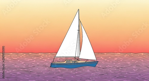 Stylized sailboat sailing on calm water at sunset