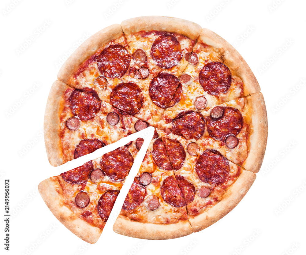 Obraz premium Delicious pepperoni and sausage pizza with one separated slice, isolated on transparent cutout background