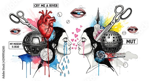 Two women crying with surreal hearts and emotional elements