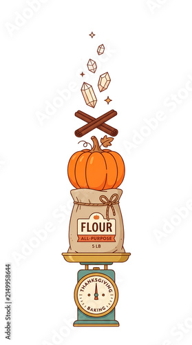 Whimsical vertical vector illustration of Thanksgiving baking ingredients stacked on a vintage kitchen scale, featuring a sack of flour, a pumpkin, cinnamon sticks, and floating sugar crystals