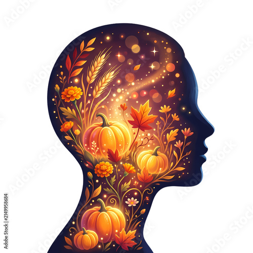Harvest of the Mind Thanksgiving Gratitude and Mental Wellness Illustration, isolated on a transparent background