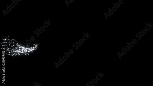 Magic glitter sparkle trail transition effect, glowing white starlight particle path, 4k curved star burst motion, fast shimmering line swirl, seamless alpha overlay on black screen. background