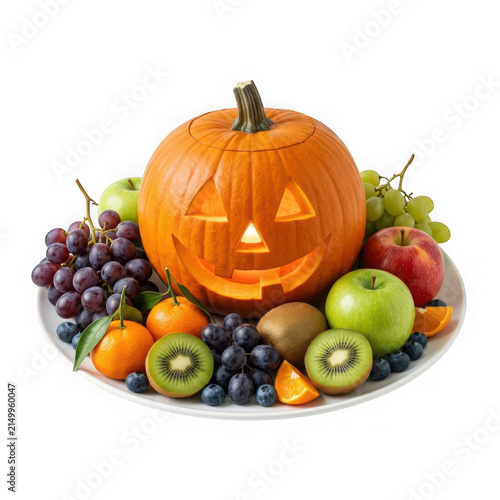 A festive halloween platter featuring a carved jackolantern surrounded by fresh fruits isolated on transparent background