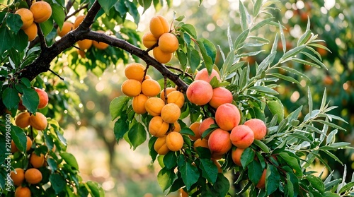 Fresh ripe orange apricots hanging on tree branch in orchard during harvest season capturing sunlight for agricultural industry marketing.