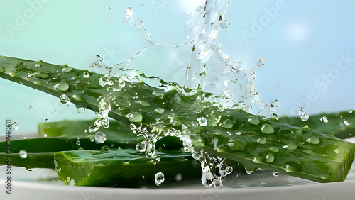 Fresh aloe vera leaves with water droplets and splashes falling on surface representing nature and hydration droplets hydration