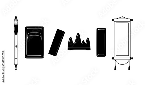 Картината върху платно Bookbinding Materials Silhouette Vector Set with Book Cover Spine Headband Ribbo