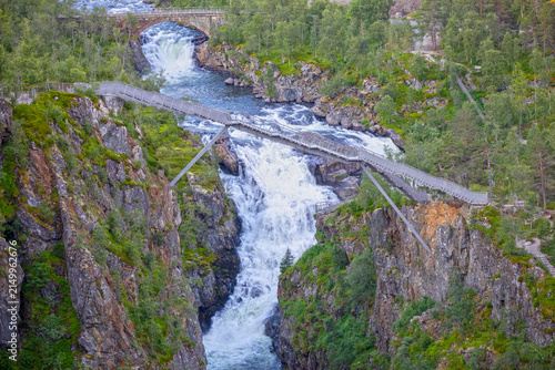 Vøringsfossen Waterfall with Spectacular Footbridge in Hardangervidda National Park, Norway