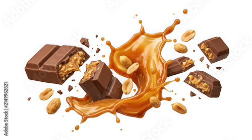 Chocolate bar with peanut butter filling and caramel splash isolated on transparent background