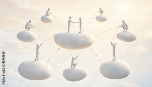 Abstract cloud network connectivity concept with miniature people connection business communication technology teamwork interaction miniature cooperation structure partnership collaboration