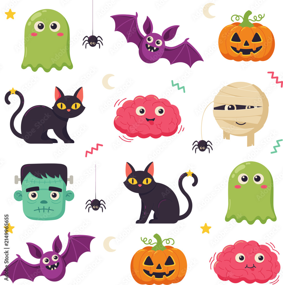 Naklejka premium Halloween Characters Vector Illustration With Spooky Elements And Dark Background
