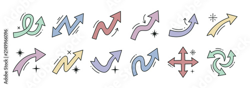 Colorful cartoon arrow vector set with playful pointers, groovy wavy shapes, abstract patterns, bold curved arrow collection vector illustration