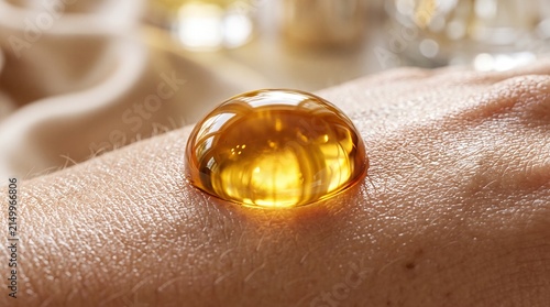 Macro photograph of golden facial oil droplet glistening on clean skin