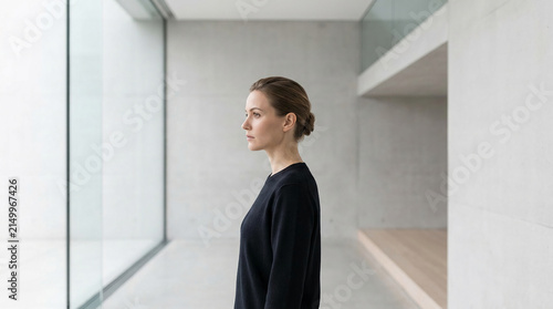 Woman in black facing left in a minimalist interior, symbolizing contemplation, introspection, and modern aesthetics, suitable for lifestyle or business themes
