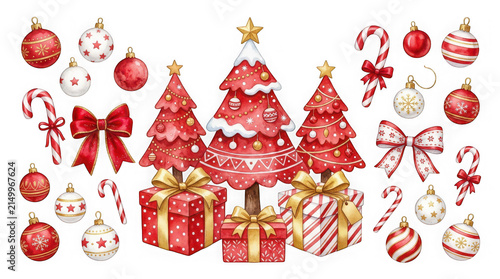 Watercolor christmas collection with red trees, ornaments, bows and candy canes isolated on transparent background