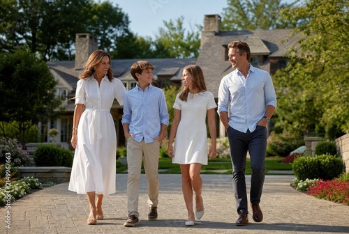 Professional family walking hand-in-hand through elegant upscale suburban home garden at golden hour, smiling confidently in coordinated summer attire