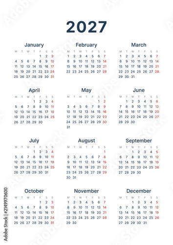 Simple vertical 2027 calendar with Sundays highlighted. Week starts on Monday. Universal printable template isolated on a transparent background. PNG
