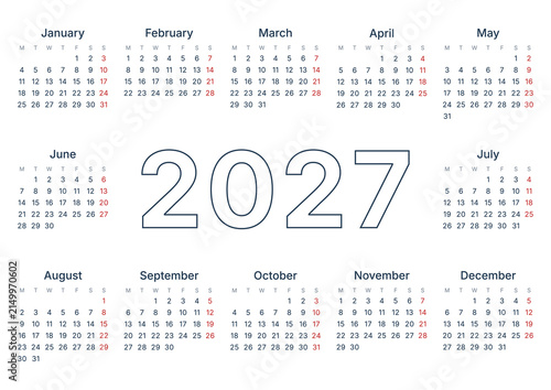 Modern wall calendar with bold outline 2027 in the center on transparent background. Monday start. Sunday Highlight. PNG