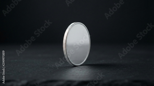 Silver coin with textured edge on dark background, representing wealth, value, and investment, suitable for financial concepts.