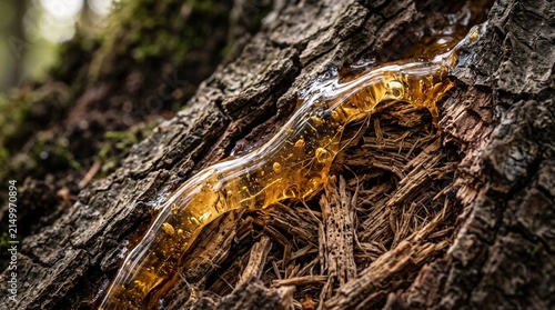 Golden tree resin flowing smoothly over textured dark tree bark macro
