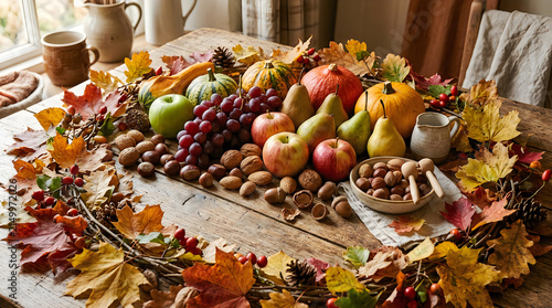 Abundant autumn harvest fruits and vegetables on rustic wooden table with seasonal decor