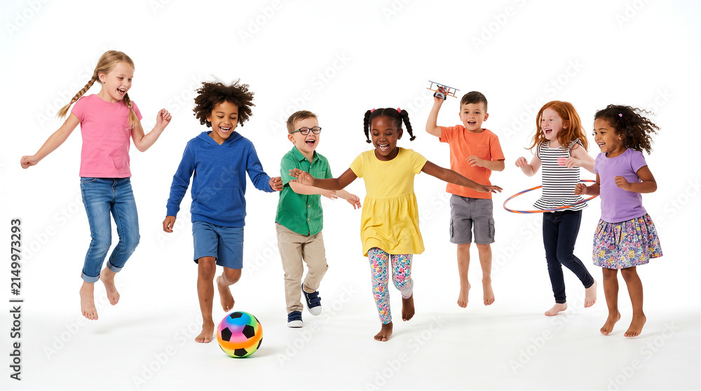 Obraz premium Children of diverse ethnic backgrounds jump and play together with a colorful soccer ball against a white studio background.