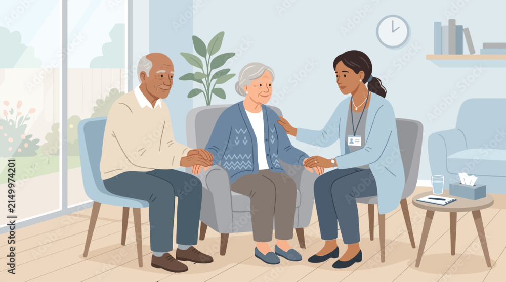 Fototapeta premium Caring nurse comforts elderly couple in cozy room, support and companionship