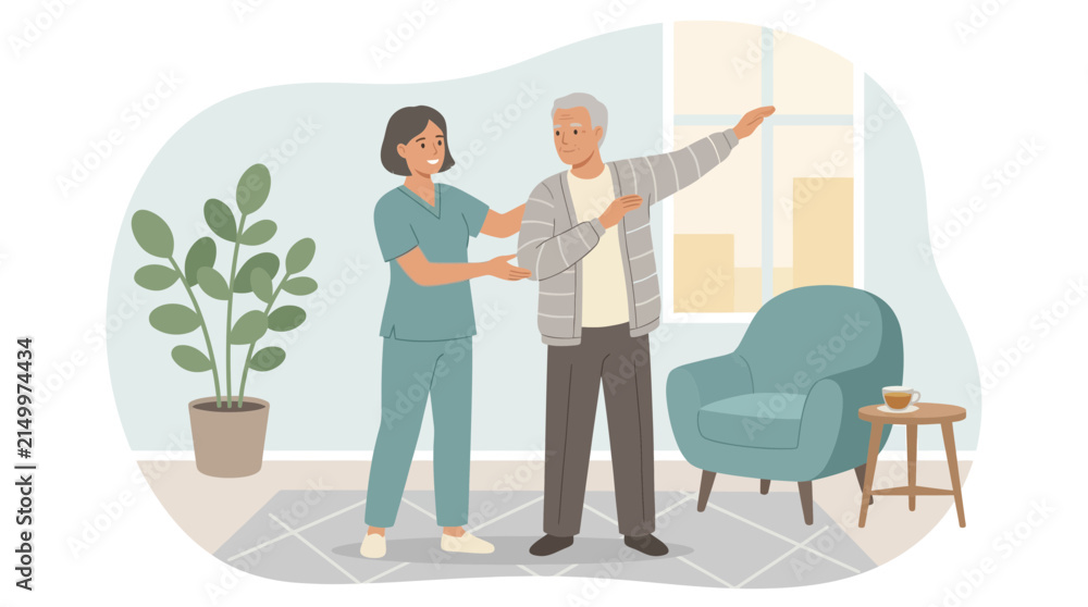 Fototapeta premium Caregiver assisting senior man with physical therapy at home