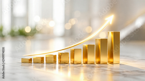 Konstfotografi Luminous gold bar chart showing an upward trend on a reflective marble surface