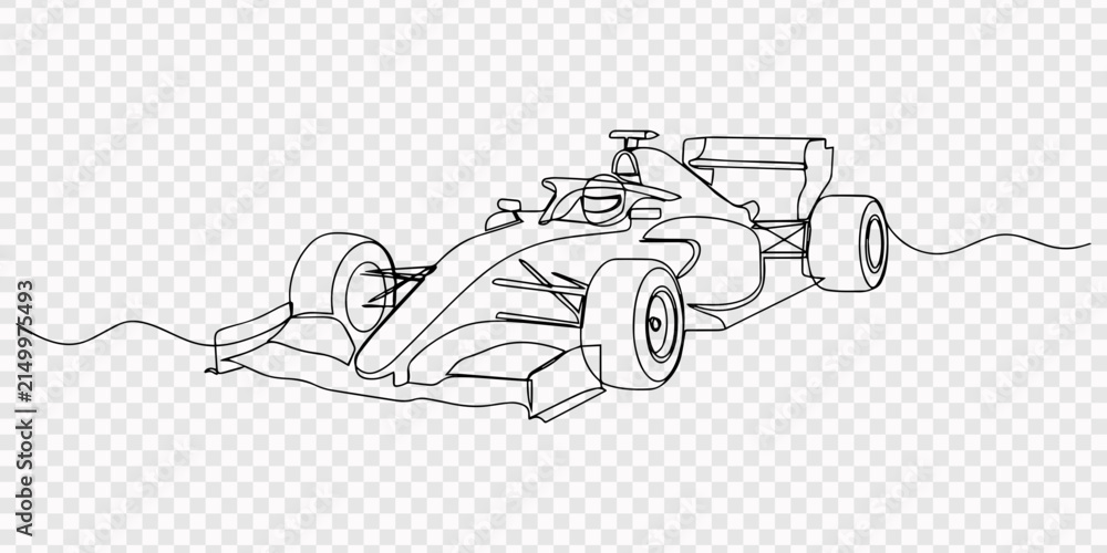 Fototapeta premium Continuous line art drawing of Formula one F1 racing car. Formula car sports line art drawing vector illustration, Continuous one line drawing Formula One racing car, emphasizing the intricate front.