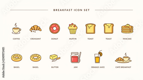 Colorful breakfast food icons set featuring coffee croissant donut muffin toast pancake bagel butter jam orange juice caf breakfast items