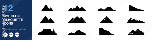 Mountain Silhouettes Icons Set in Outline and Fill Styles for Nature and Travel Designs Featuring Mountains, Adventure, Landscape