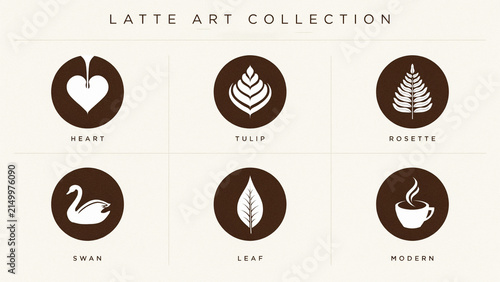 Creative latte art designs featuring heart tulip rosette swan leaf and modern coffee cup patterns on transparent backgrounds