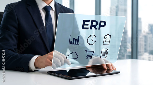 Businessman using ERP enterprise resource planning system transparent tablet computer